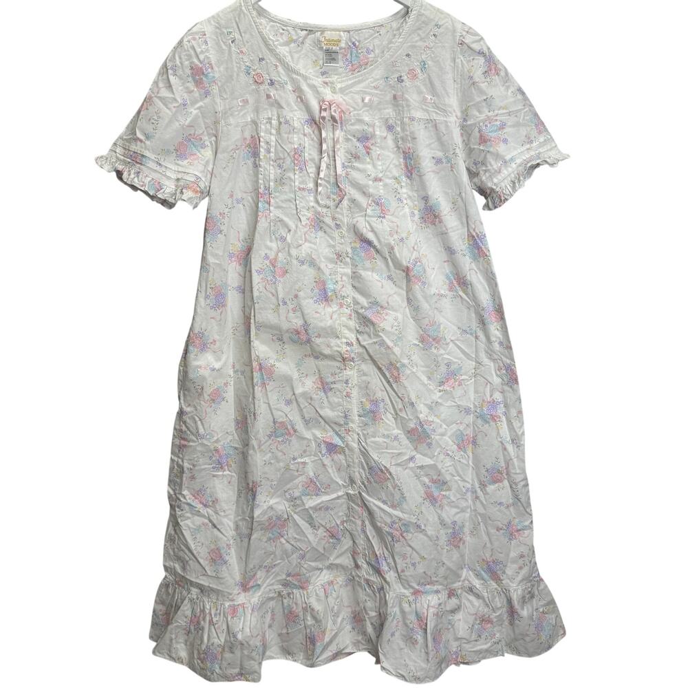Vintage Intimate Moods Button Front Robe Gown White Floral Sz 1X Cottage Short